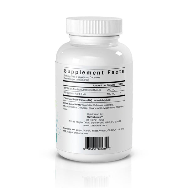 OZNaturals Hyaluronic Acid Joint Supplement + MSM (Methylsulfonylmethane) - Essential For Healthy Joints, Skin, Hair, Nails & Eyes - Considered The Most Effective Hyaluronic Supplements Available. 120 Veggie Caps, 900 MG