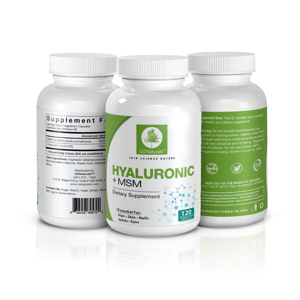 OZNaturals Hyaluronic Acid Joint Supplement + MSM (Methylsulfonylmethane) - Essential For Healthy Joints, Skin, Hair, Nails & Eyes - Considered The Most Effective Hyaluronic Supplements Available. 120 Veggie Caps, 900 MG