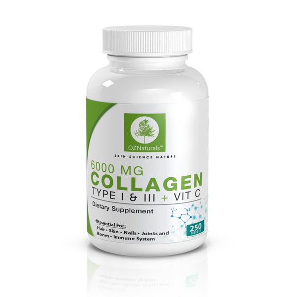 OZNaturals Collagen Supplement - This Potent Anti Aging Supplement Is Essential For Healthy Glowing Skin, Hair & Nails - Contains Type 1 & 3 Collagen + Vitamin C - 6000 MG, 250 Tablets