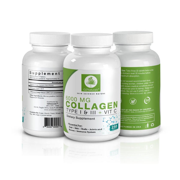 OZNaturals Collagen Supplement - This Potent Anti Aging Supplement Is Essential For Healthy Glowing Skin, Hair & Nails - Contains Type 1 & 3 Collagen + Vitamin C - 6000 MG, 250 Tablets