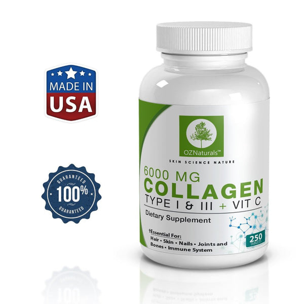 OZNaturals Collagen Supplement - This Potent Anti Aging Supplement Is Essential For Healthy Glowing Skin, Hair & Nails - Contains Type 1 & 3 Collagen + Vitamin C - 6000 MG, 250 Tablets